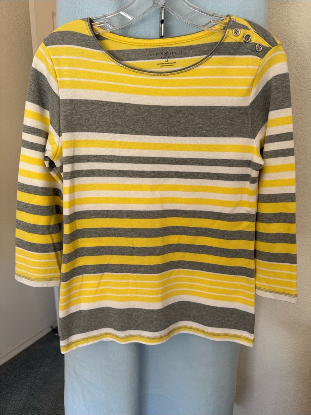 Karen Scott Yellow Gray & White Striped Long Sleeve Top
